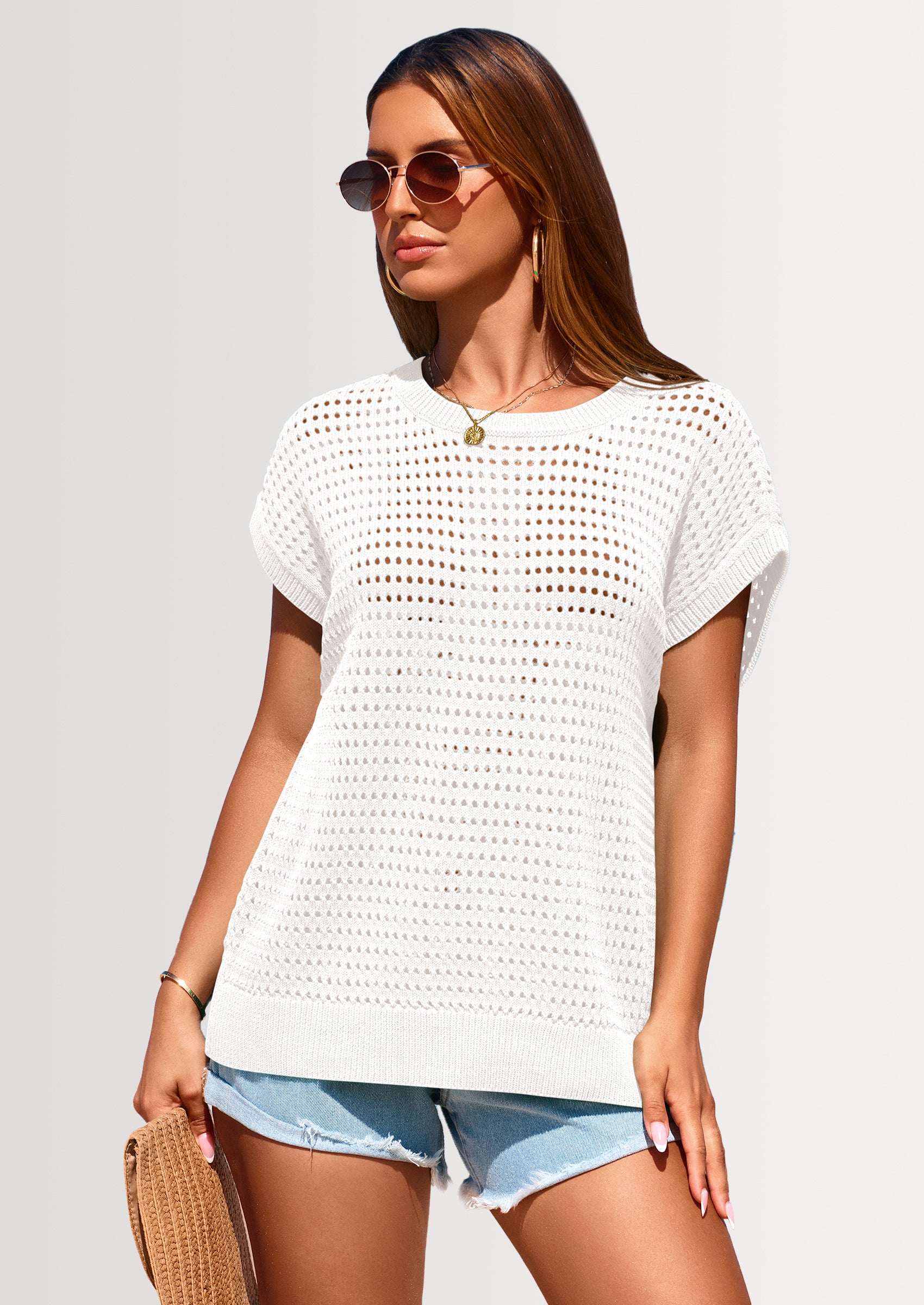 PRETTYGARDEN Womens Spring Tops Summer Shirts Crochet Cap Sleeve Sweater Pullover Cute Beach Vacation Clothes