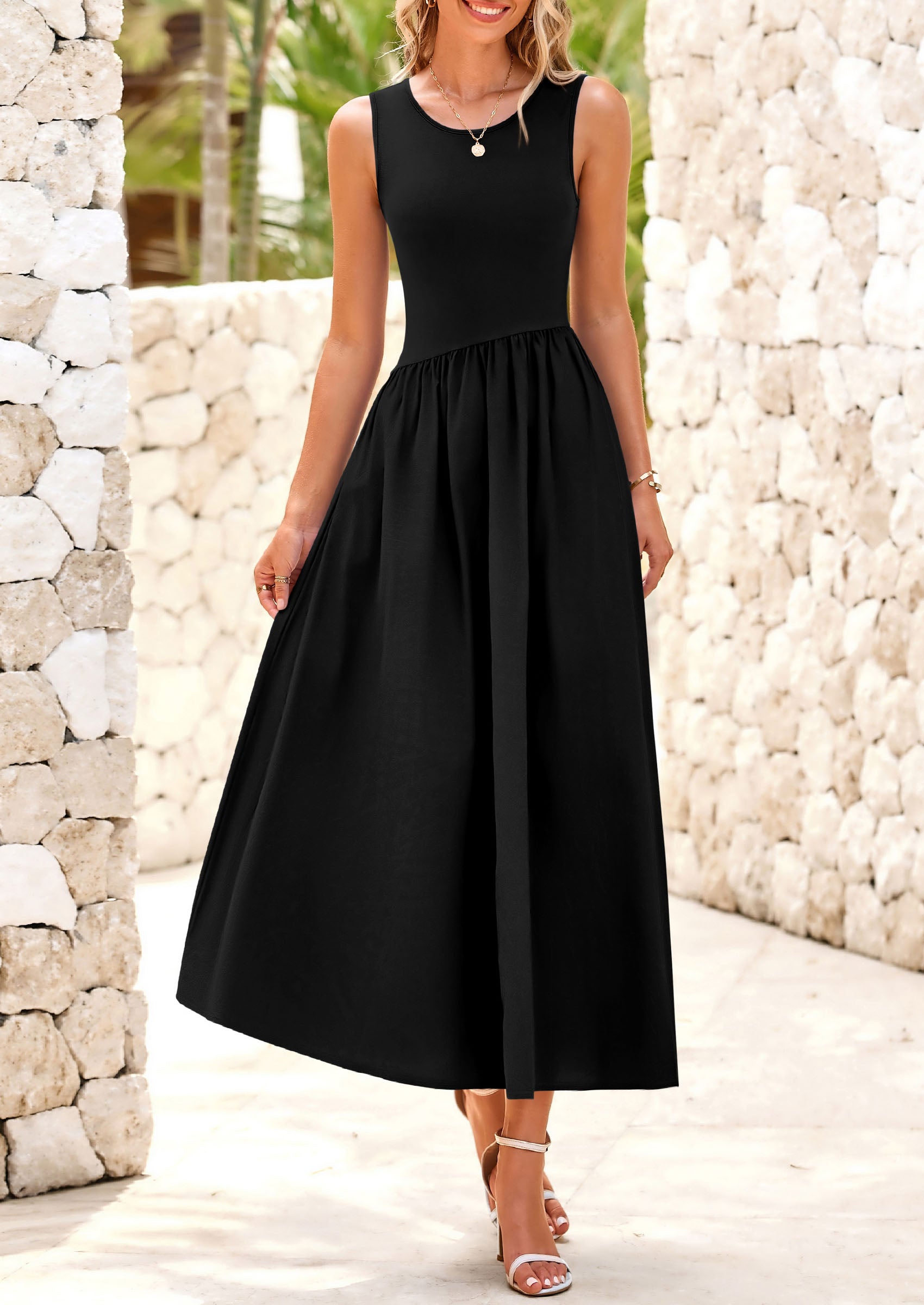 PRETTYGARDEN Women's Maxi Sundress Casual Summer Sleeveless Asymmetrical Drop Waist Patchwork Long Flowy Tank Dresses