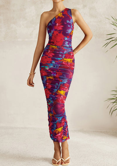 PRETTYGARDEN Women's One Shoulder Bodycon Dresses Ruched Floral Beach Cocktail Wedding Guest Dress