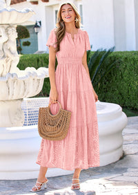 PRETTYGARDEN Womens Boho Maxi Dress Floral Summer Spring Short Sleeve V Neck A Line Embroidered Beach Vacation Dresses