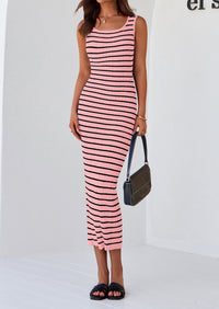 Womens Summer Tank Dress Casual Sleeveless Striped Ribbed Knit Long Dresses Beach Vacation Sundress