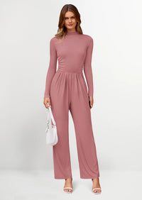 PRETTYGARDEN Dressy Casual Fashion Outfits Long Sleeve Mock Neck Wide Leg Pants Rompers