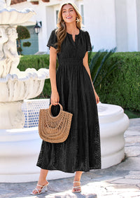 PRETTYGARDEN Womens Boho Maxi Dress Floral Summer Spring Short Sleeve V Neck A Line Embroidered Beach Vacation Dresses