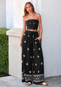 PRETTYGARDEN 2 Piece Sets for women Summer 2026 Travel Outfits Print Tube Tops Wide Leg Pants Beach Vacation Clothes