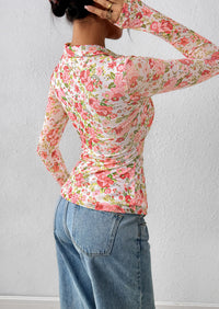 PRETTYGARDEN Women Button Down Floral Shirts Fall Trendy Long Sleeve V Neck Ruched Fitted Mesh Blouse Tops Date Outfits