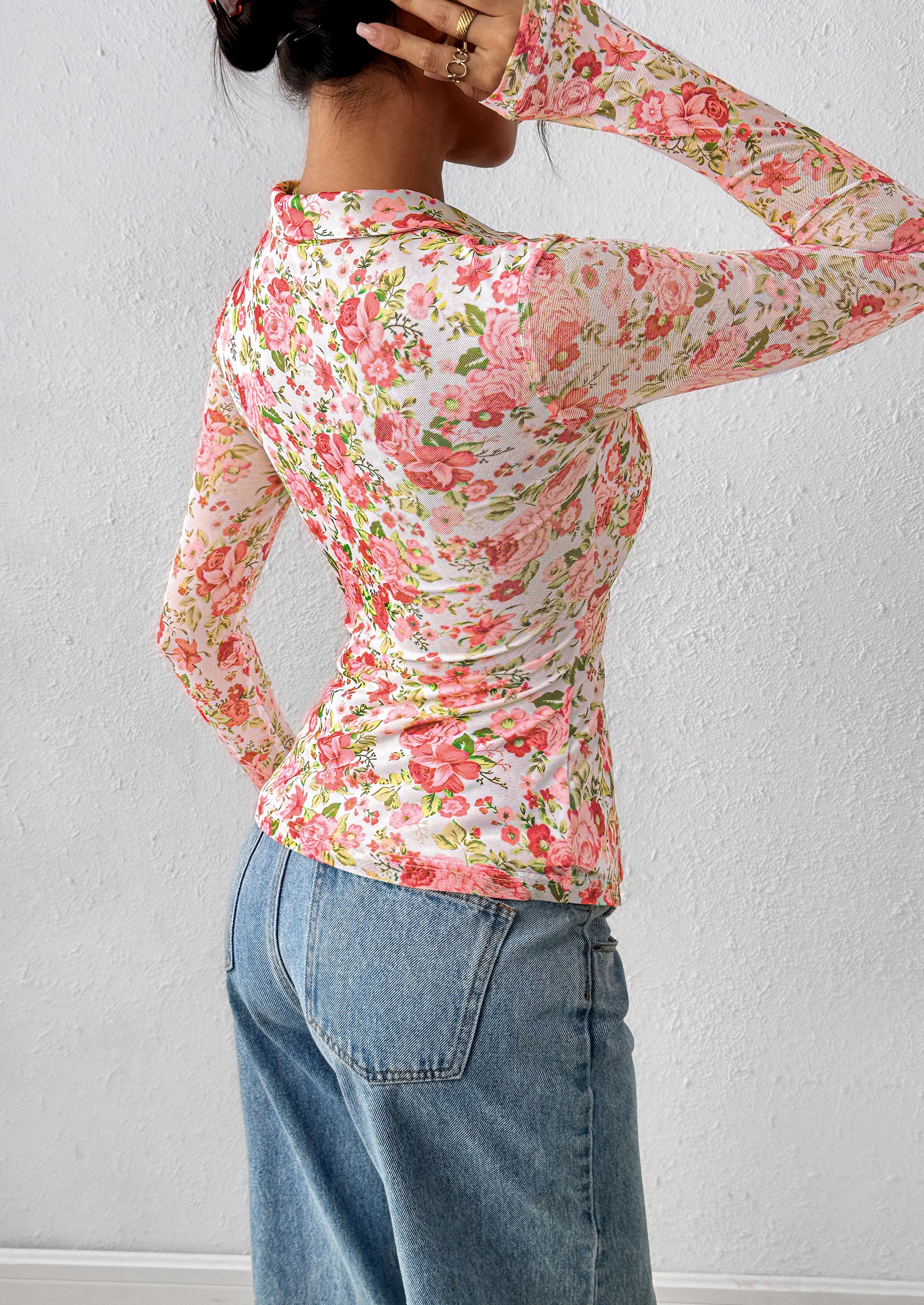 PRETTYGARDEN Women Button Down Floral Shirts Fall Trendy Long Sleeve V Neck Ruched Fitted Mesh Blouse Tops Date Outfits