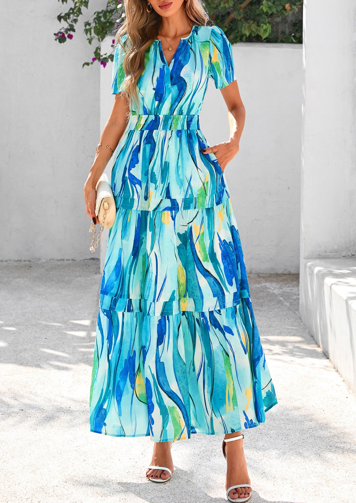 Summer Boho Floral Short Sleeve V Neck A Line Tiered Ruffle Flowy Long Beach Vacation Maxi Dresses