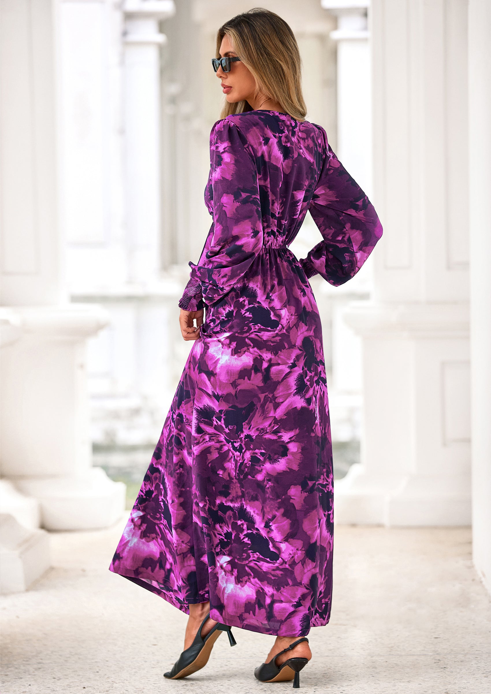 PRETTYGARDEN Women's Fall Boho Maxi Dress Floral Long Sleeve V Neck Flowy Belted Elegant Holiday Party Dresses