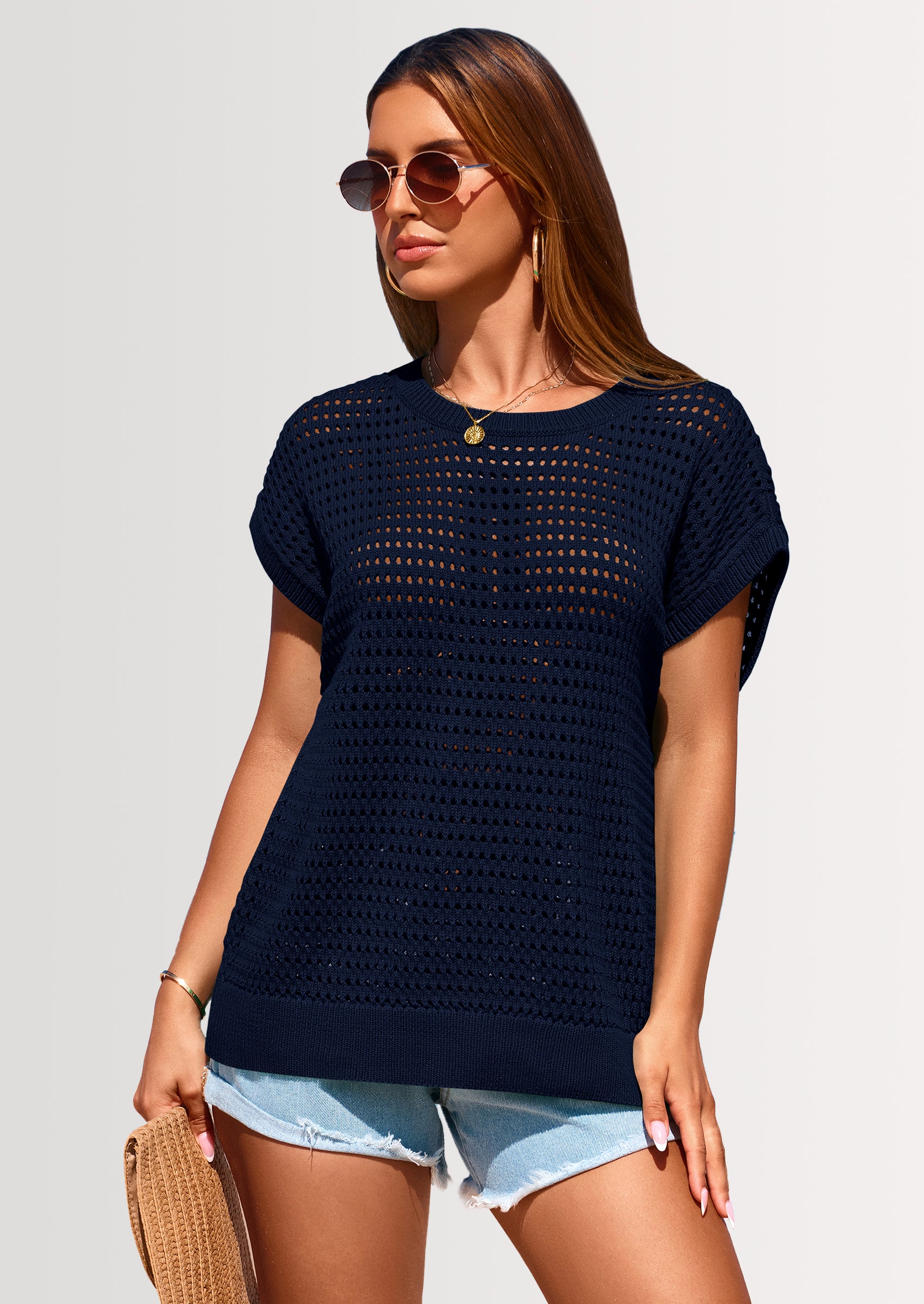 PRETTYGARDEN Womens Spring Tops Summer Shirts Crochet Cap Sleeve Sweater Pullover Cute Beach Vacation Clothes