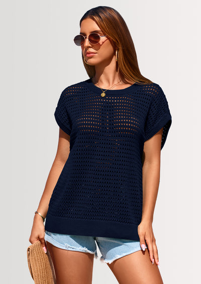 PRETTYGARDEN Womens Spring Tops Summer Shirts Crochet Cap Sleeve Sweater Pullover Cute Beach Vacation Clothes