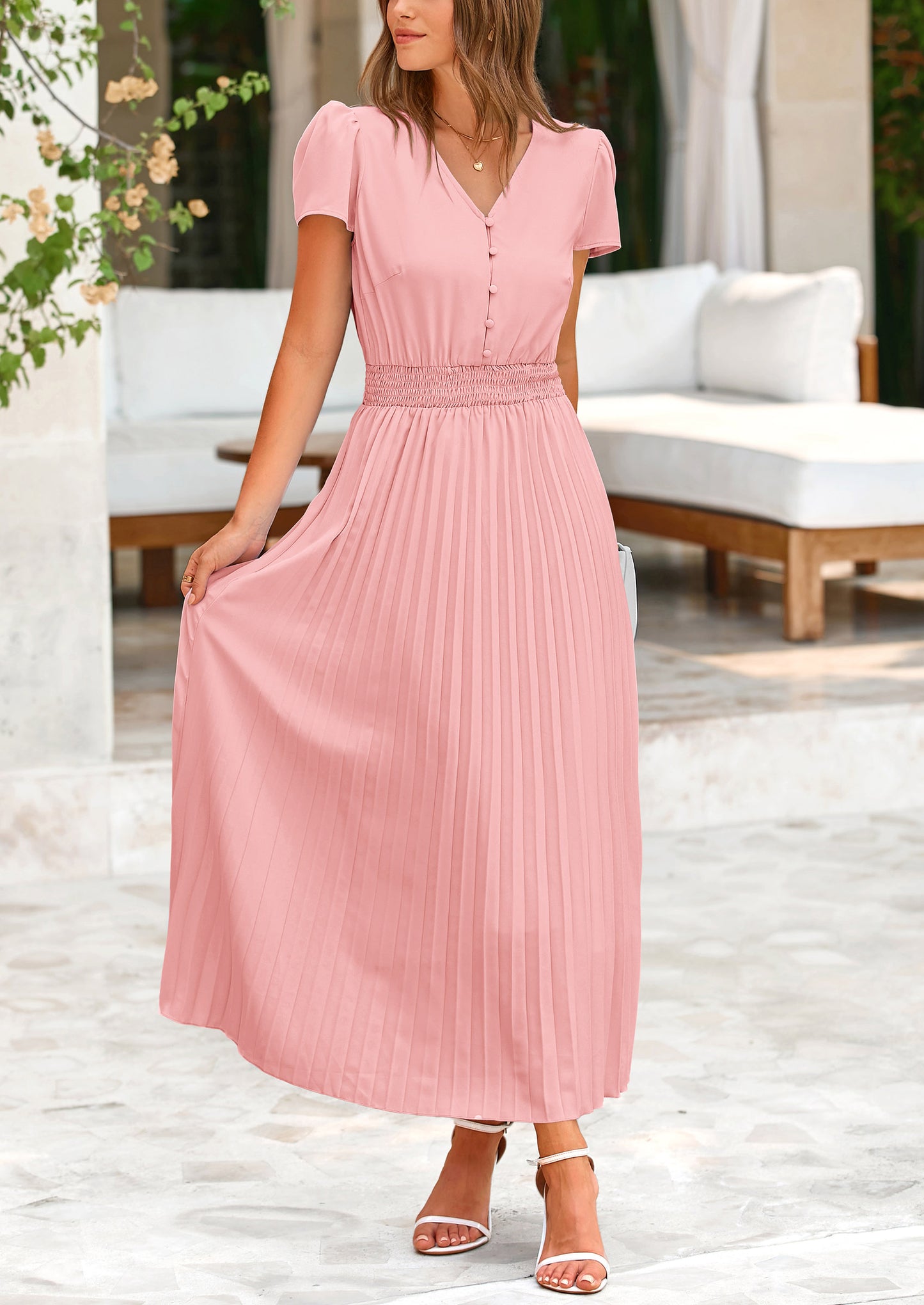 Women's Summer Maxi Dresses 2025 Trendy Casual Button V Neck Ruffle Cap Sleeve Long Flowy Pleated Dress