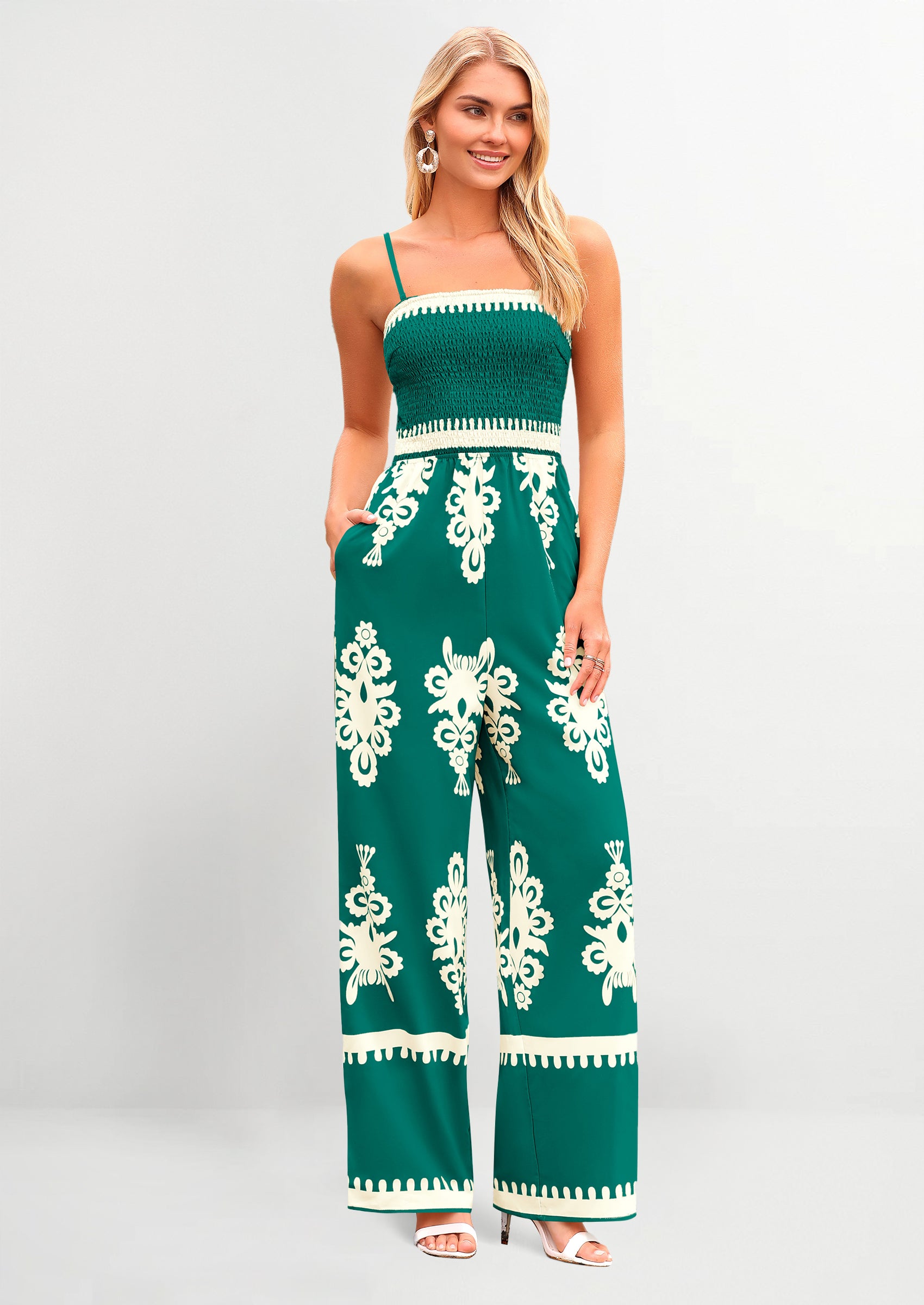 PRETTYGARDEN Boho Jumpsuits Beach Vacation Outfits Spaghetti Strap Wide Leg Pants Rompers