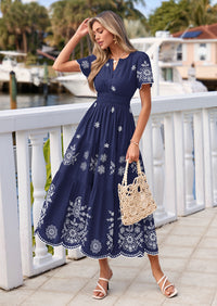 PRETTYGARDEN Boho Dresses for Women Summer Spring Casual Floral Short Sleeve V Neck Maxi Elastic Waist Dress Pockets