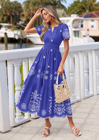 PRETTYGARDEN Boho Dresses for Women Summer Spring Casual Floral Short Sleeve V Neck Maxi Elastic Waist Dress Pockets