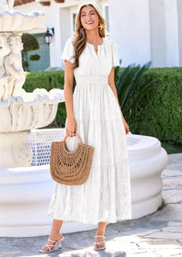 PRETTYGARDEN Womens Boho Maxi Dress Floral Summer Spring Short Sleeve V Neck A Line Embroidered Beach Vacation Dresses
