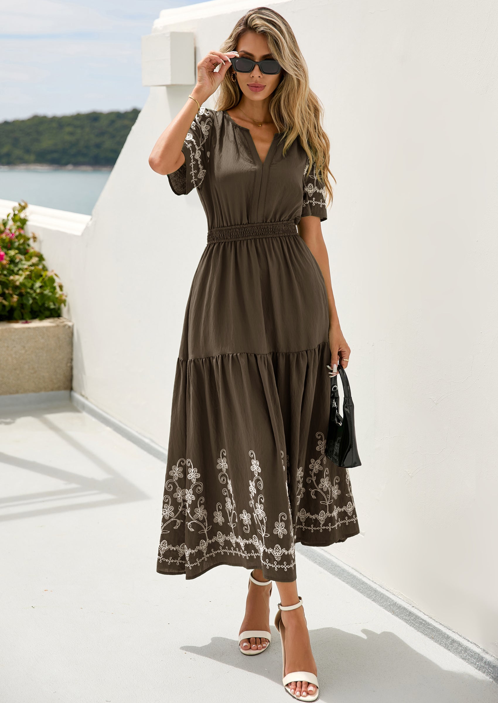 PRETTYGARDEN Women's Summer Boho Maxi Dress Spring Floral Short Sleeve V Neck A Line Flowy Beach Wedding Guest Dresses PRETTYGARDEN