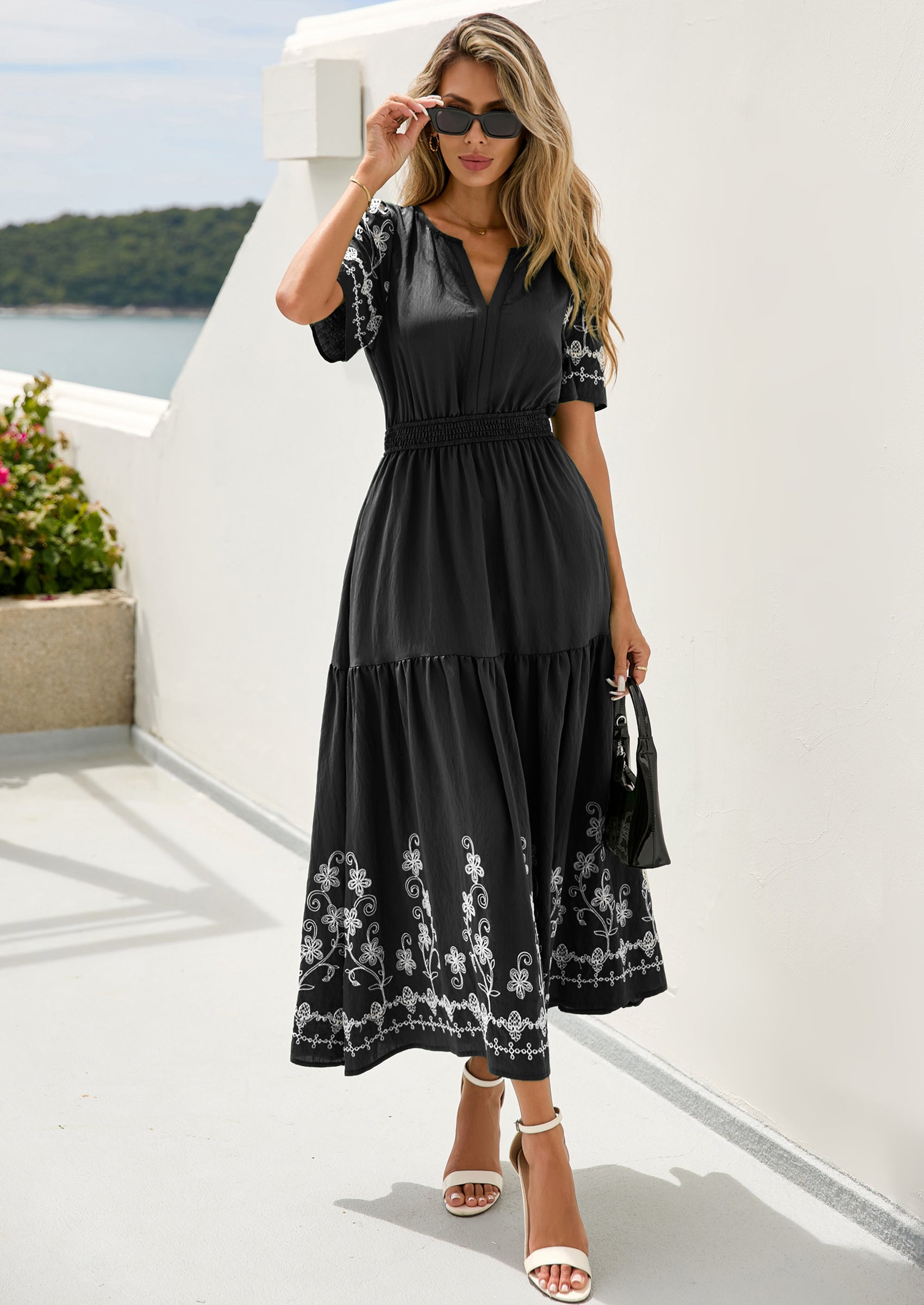 PRETTYGARDEN Women's Summer Boho Maxi Dress Spring Floral Short Sleeve V Neck A Line Flowy Beach Wedding Guest Dresses PRETTYGARDEN