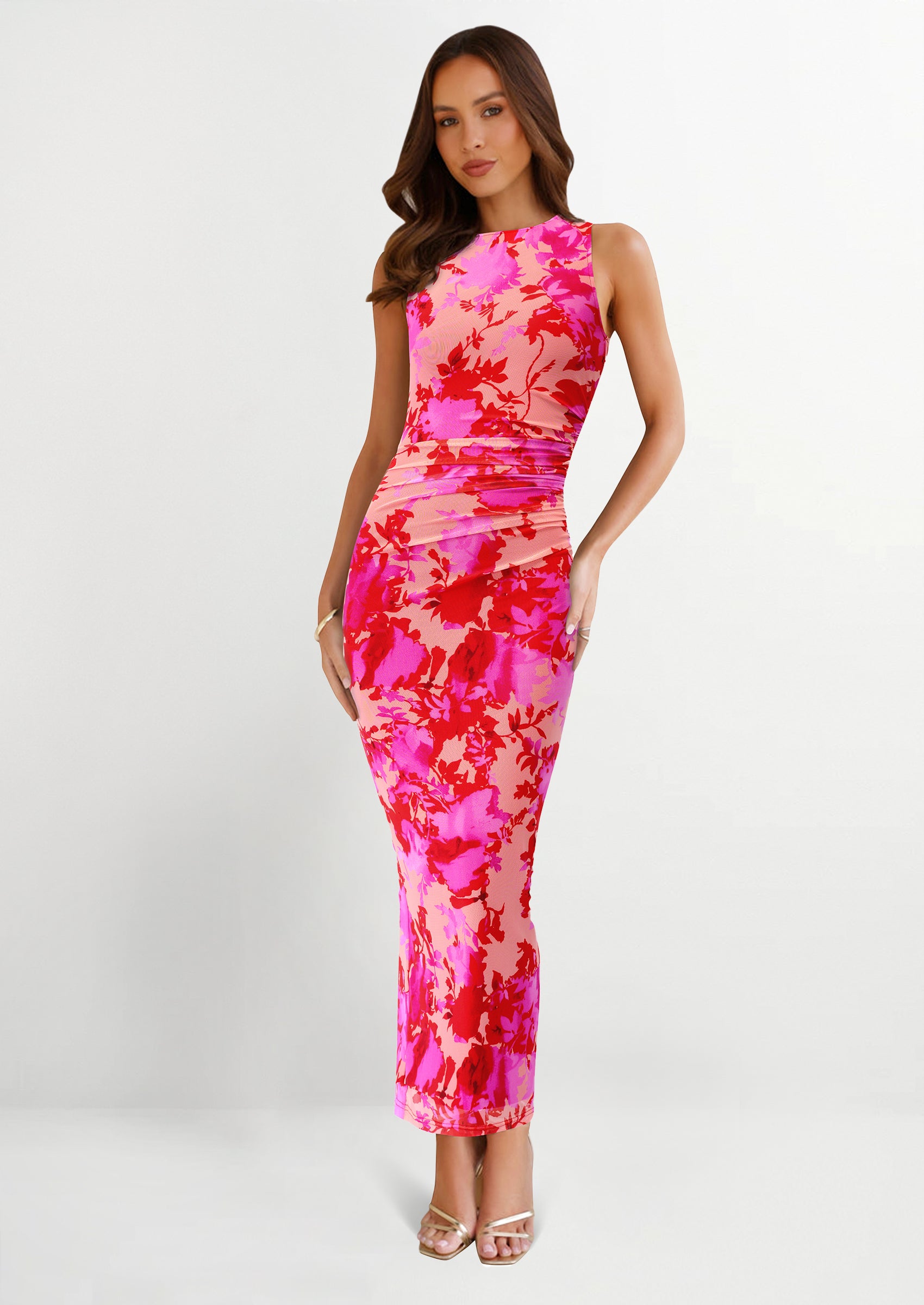 PRETTYGARDEN Wedding Guest Dresses for Women Spring Floral Bodycon Sleeveless Mesh Maxi Long Dress