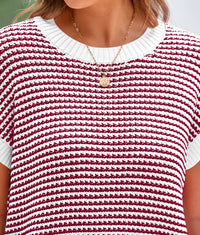 Women's Short Sleeve Spring Summer 2025 Round Neck Striped Pullover Cap Sleeve Knit T-shirt