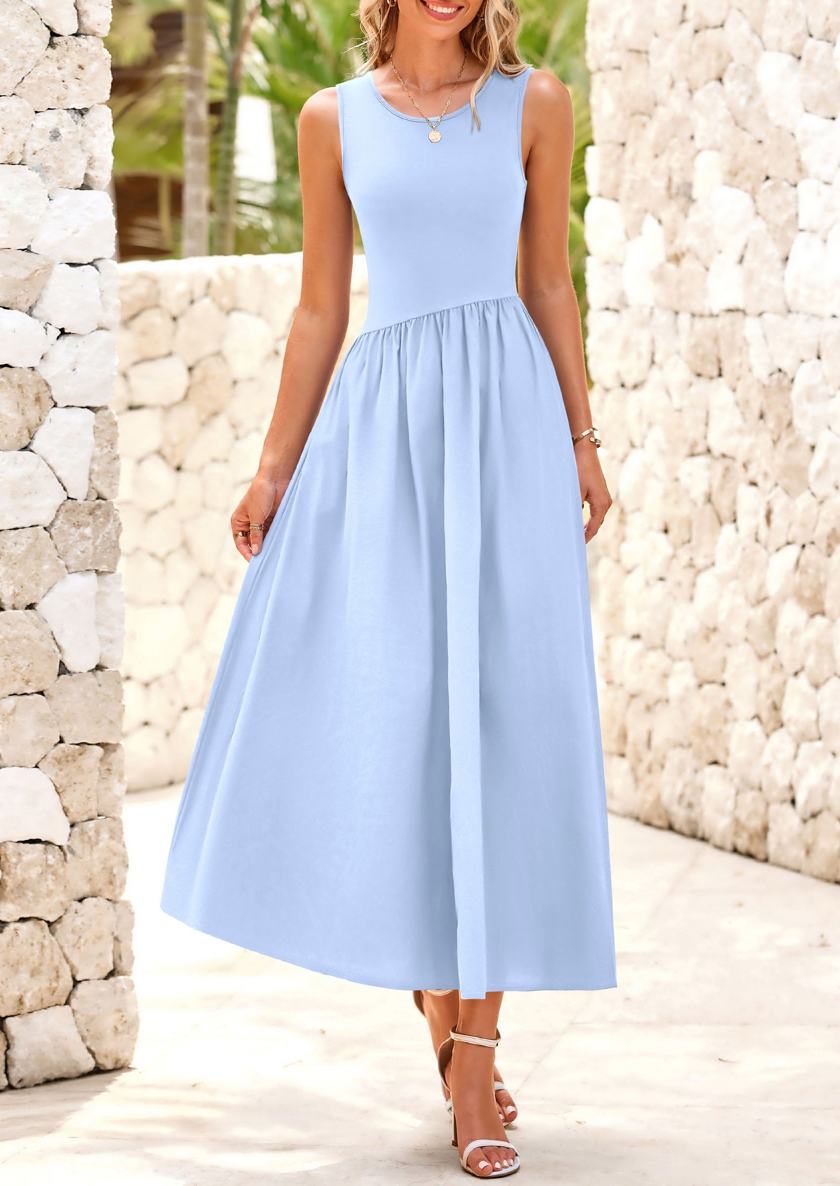 PRETTYGARDEN Women's Maxi Sundress Casual Summer Sleeveless Asymmetrical Drop Waist Patchwork Long Flowy Tank Dresses