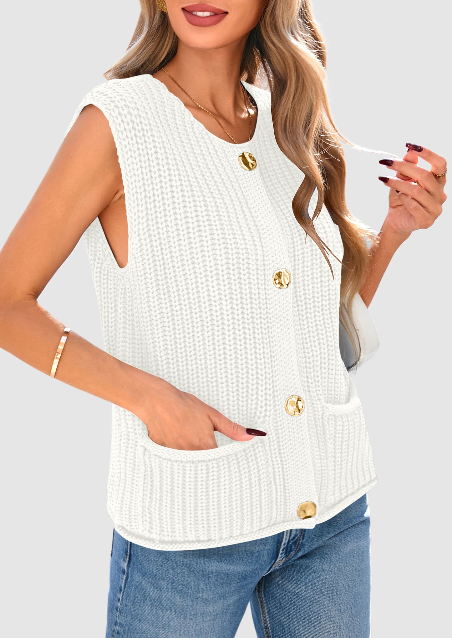 Women's Sweaters Vest 2025 Sleeveless Button Down Cropped Chunky Knit Cardigan Trendy Tank Tops with Pockets