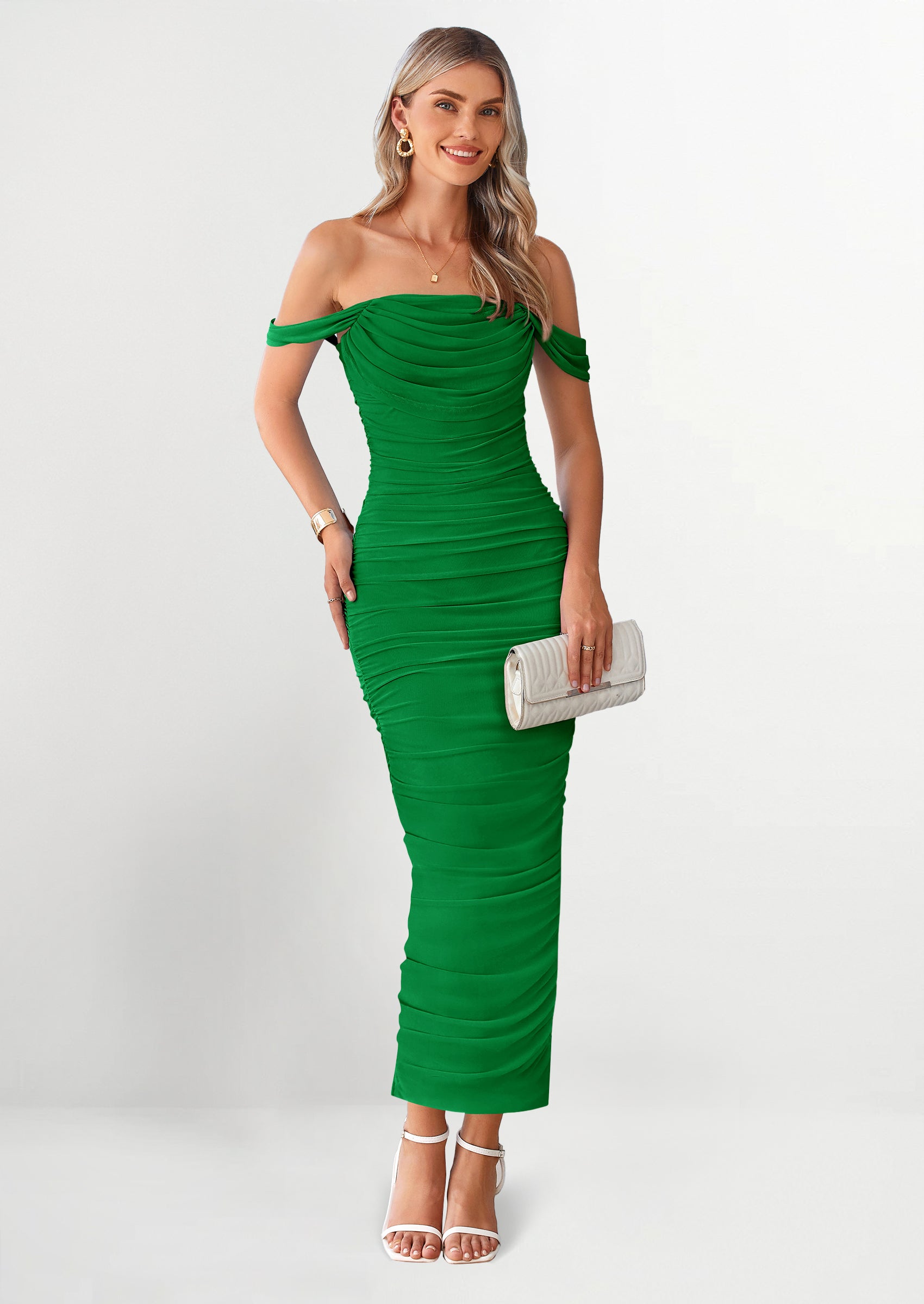 PRETTYGARDEN Womens Off The Shoulder Dress Ruched Bodycon Sleeveless Split Cocktail Party Maxi Dresses