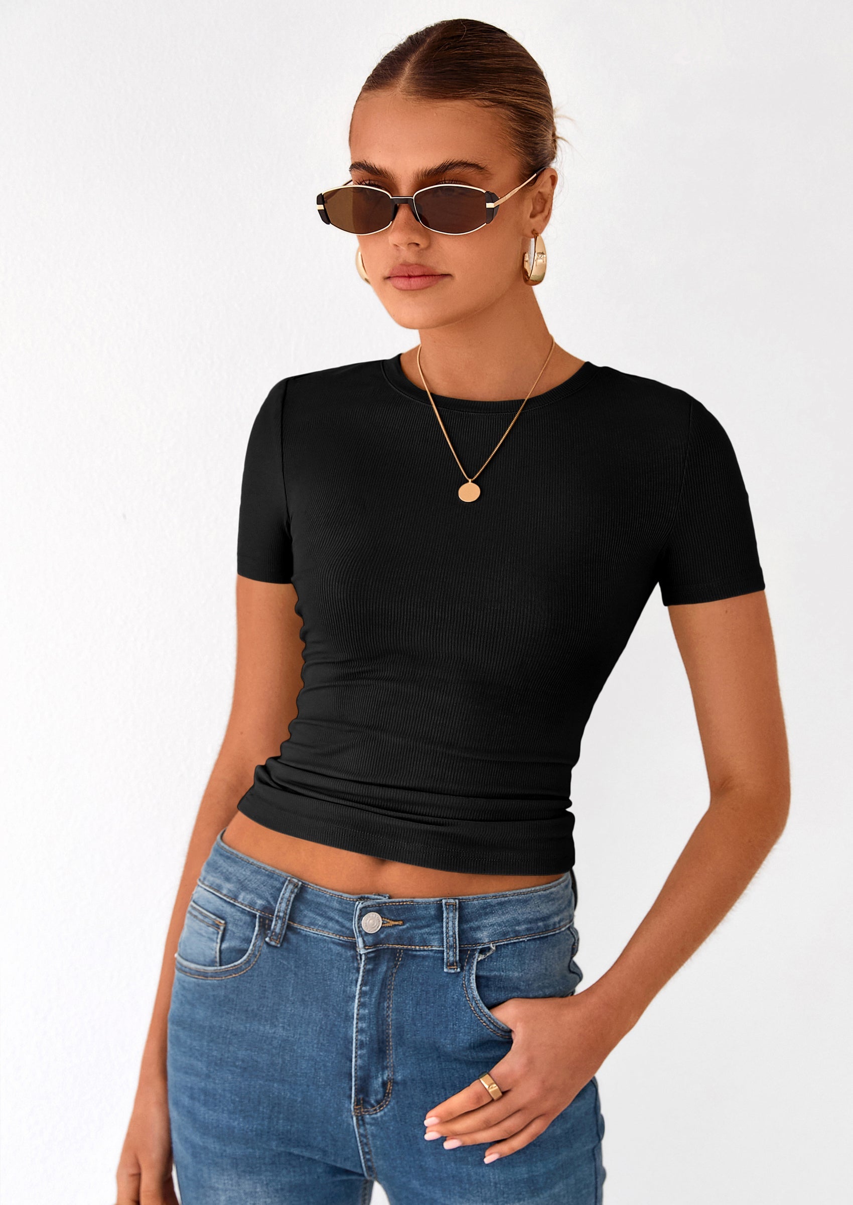 PRETTYGARDEN Women Summer Crew Neck Short Sleeve Tops Ribbed Knit Slim Fit Fashion Basic Tee Shirts Casual Going Out Top PRETTYGARDEN