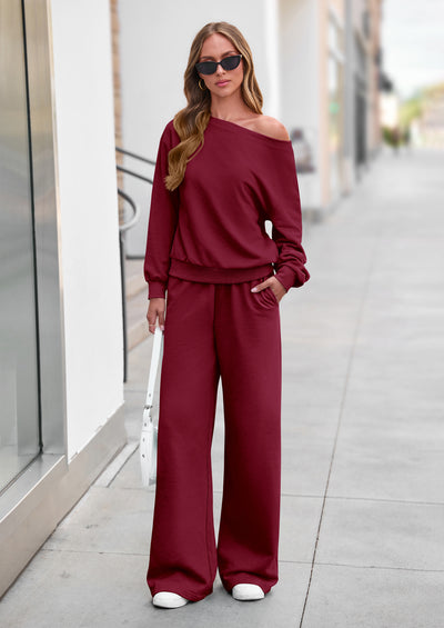 PRETTYGARDEN Womens 2 Piece Casual Matching Lounge Sets  Fashion Off the Shoulder Sweatshirt, Wide Leg Pants with Pockets, Comfy Airport Travel Outfit, 2026 Trendy Fall Set