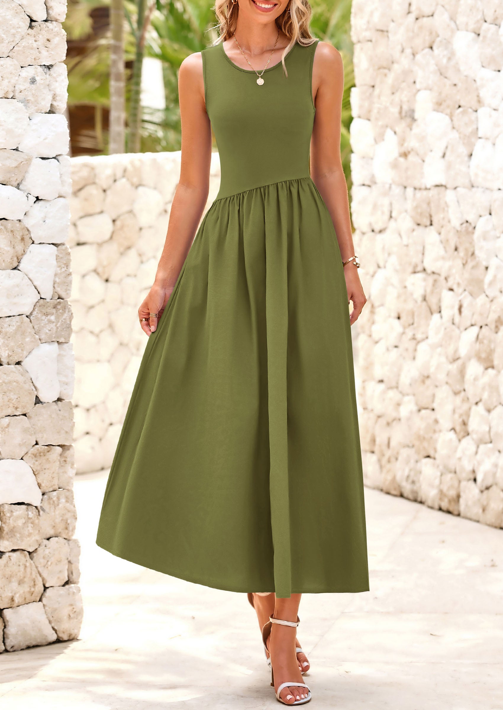 PRETTYGARDEN Women's Maxi Sundress Casual Summer Sleeveless Asymmetrical Drop Waist Patchwork Long Flowy Tank Dresses