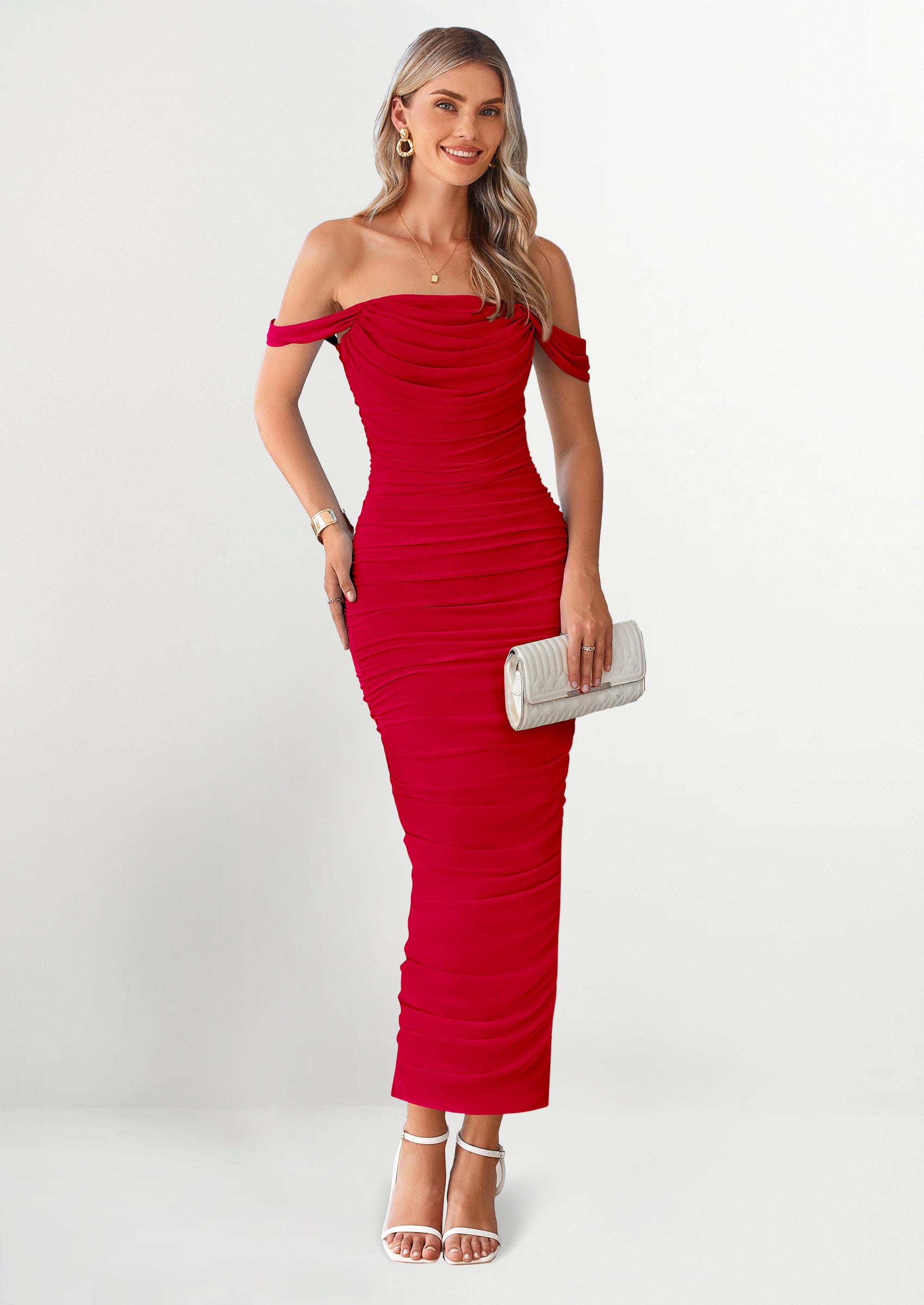 PRETTYGARDEN Womens Off The Shoulder Dress Ruched Bodycon Sleeveless Split Cocktail Party Maxi Dresses