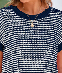 Women's Short Sleeve Spring Summer 2025 Round Neck Striped Pullover Cap Sleeve Knit T-shirt