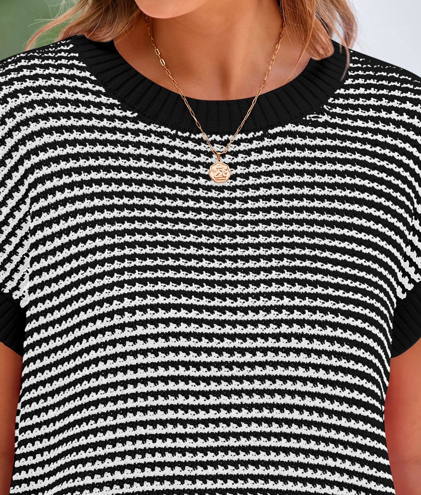 PRETTYGARDEN Womens Short Sleeve Sweater Spring Summer Round Neck Striped Pullover Cap Sleeve Knit Sweater Vest Tops