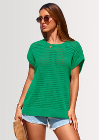 PRETTYGARDEN Womens Spring Tops Summer Shirts Crochet Cap Sleeve Sweater Pullover Cute Beach Vacation Clothes