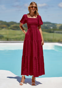 PRETTYGARDEN Womens Summer Puff Short Sleeve Maxi Dress Square Neck Smocked Tiered Ruffle A Line Long Flowy Beach Dresses