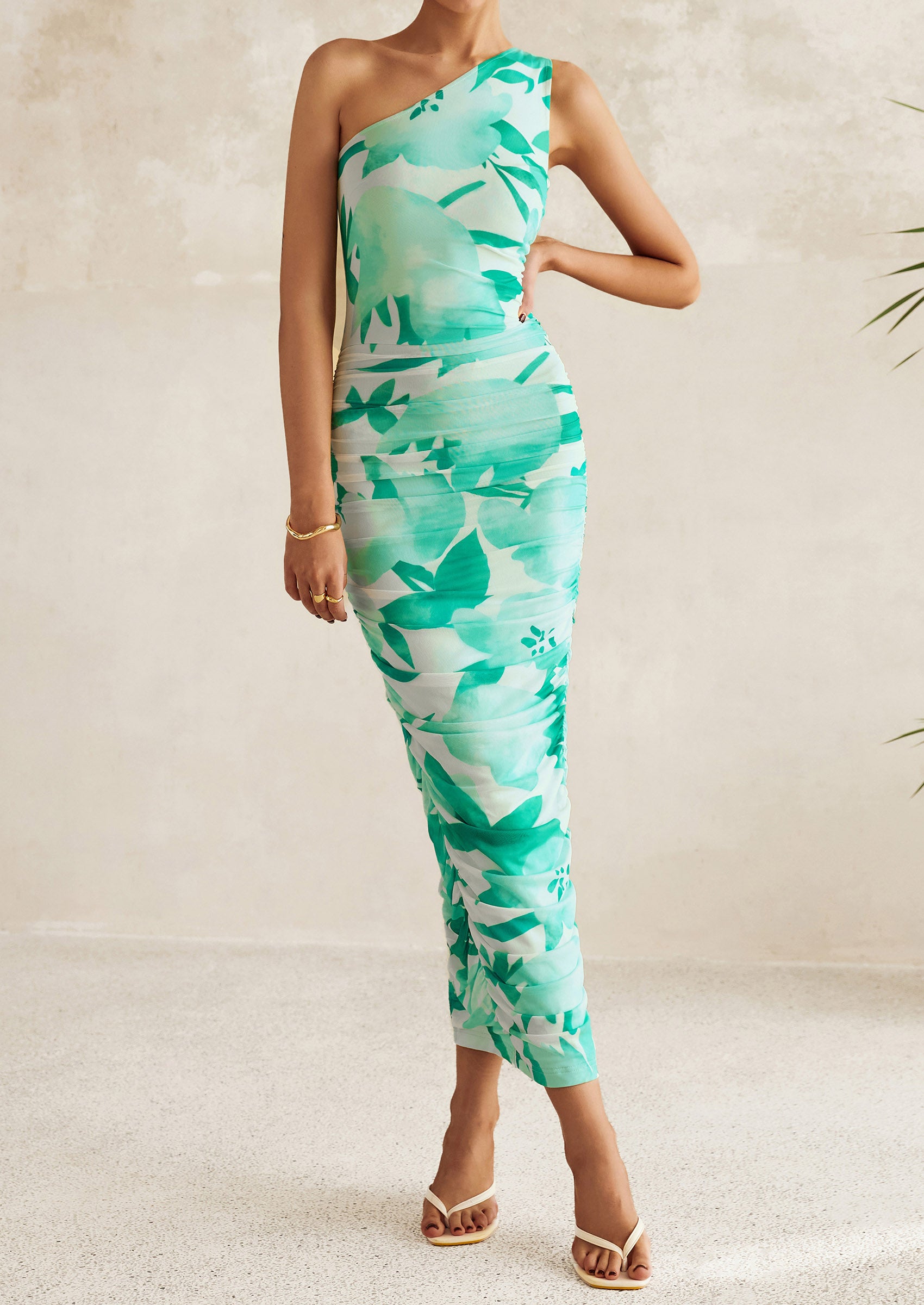 PRETTYGARDEN Women's One Shoulder Bodycon Dresses Ruched Floral Beach Cocktail Wedding Guest Dress