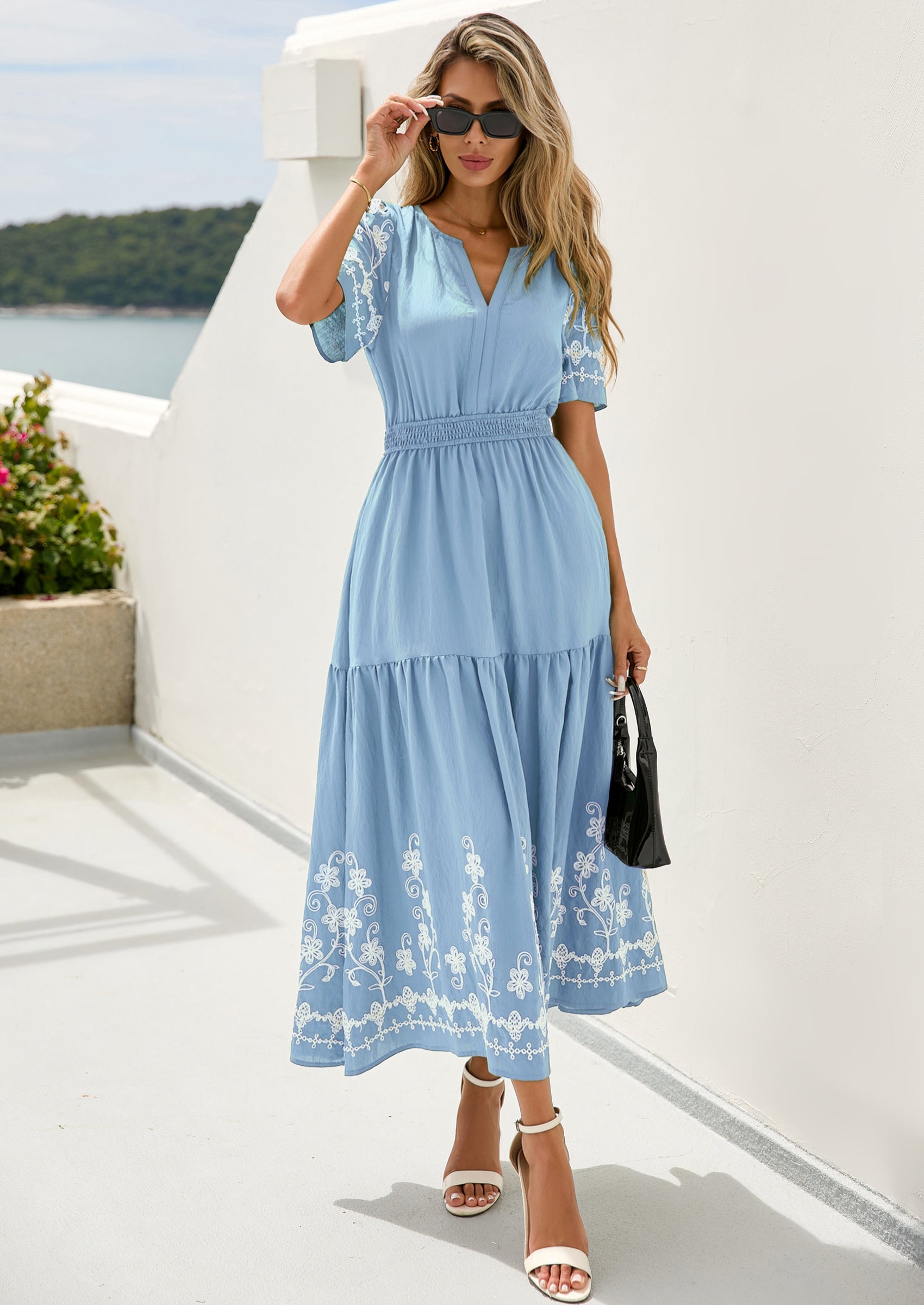 PRETTYGARDEN Women's Summer Boho Maxi Dress Spring Floral Short Sleeve V Neck A Line Flowy Beach Wedding Guest Dresses PRETTYGARDEN