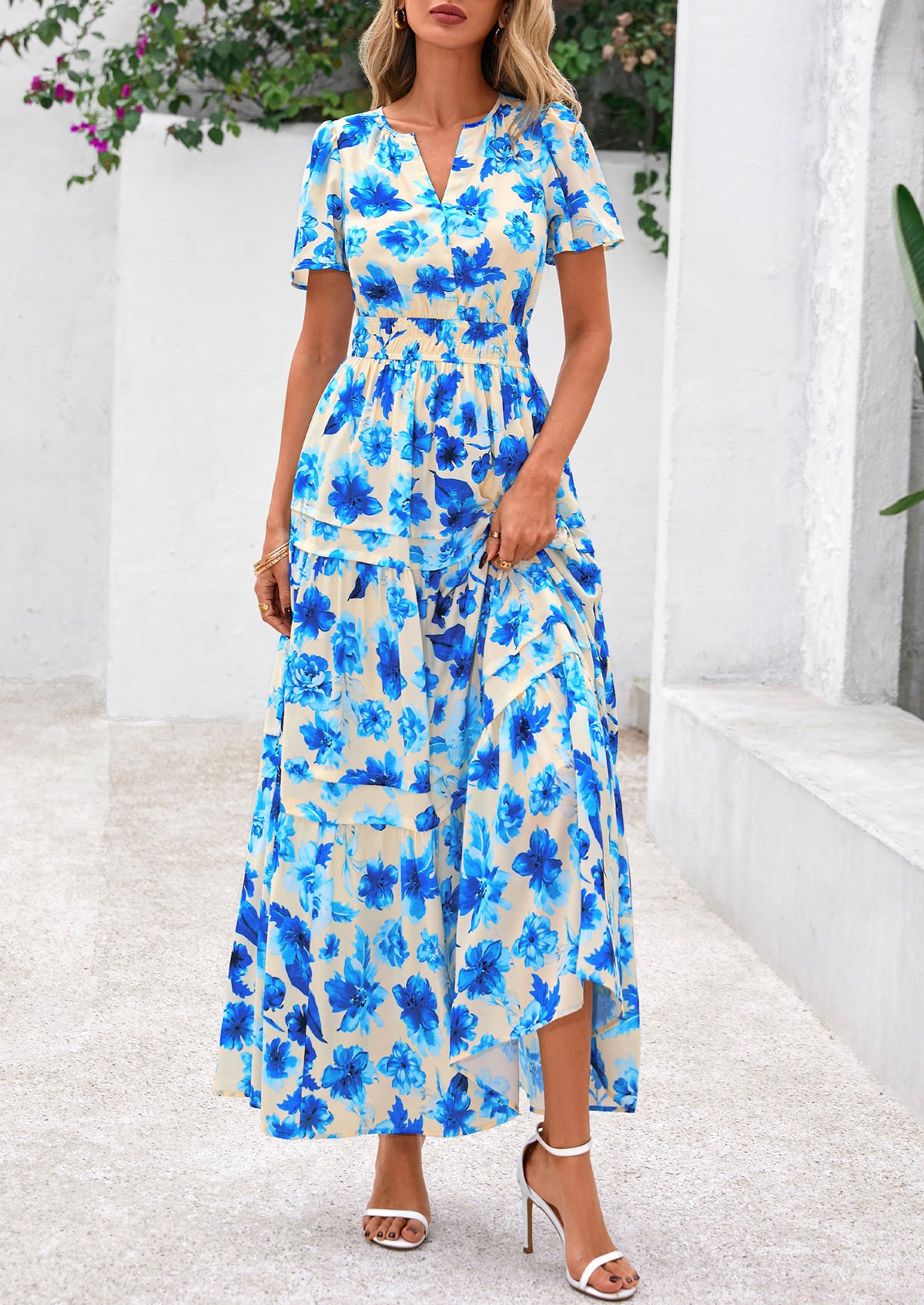 Summer Boho Floral Short Sleeve V Neck A Line Tiered Ruffle Flowy Long Beach Vacation Maxi Dresses