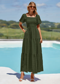 PRETTYGARDEN Womens Summer Puff Short Sleeve Maxi Dress Square Neck Smocked Tiered Ruffle A Line Long Flowy Beach Dresses