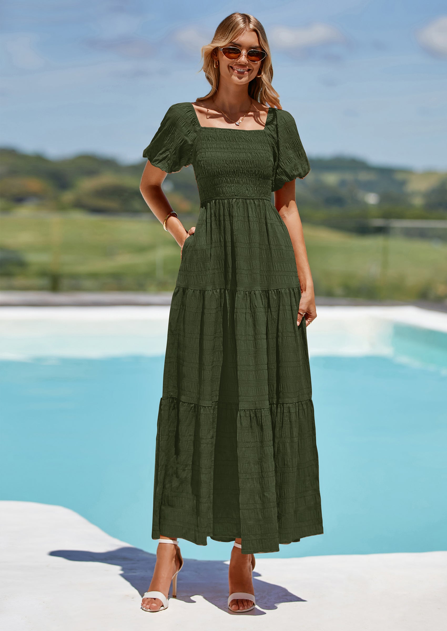 PRETTYGARDEN Womens Summer Puff Short Sleeve Maxi Dress Square Neck Smocked Tiered Ruffle A Line Long Flowy Beach Dresses