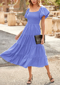 PRETTYGARDEN Women's Summer Casual Midi Dress Puffy Short Sleeve Square Neck Smocked Tiered Ruffle Dresses