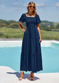 PRETTYGARDEN Womens Summer Puff Short Sleeve Maxi Dress Square Neck Smocked Tiered Ruffle A Line Long Flowy Beach Dresses