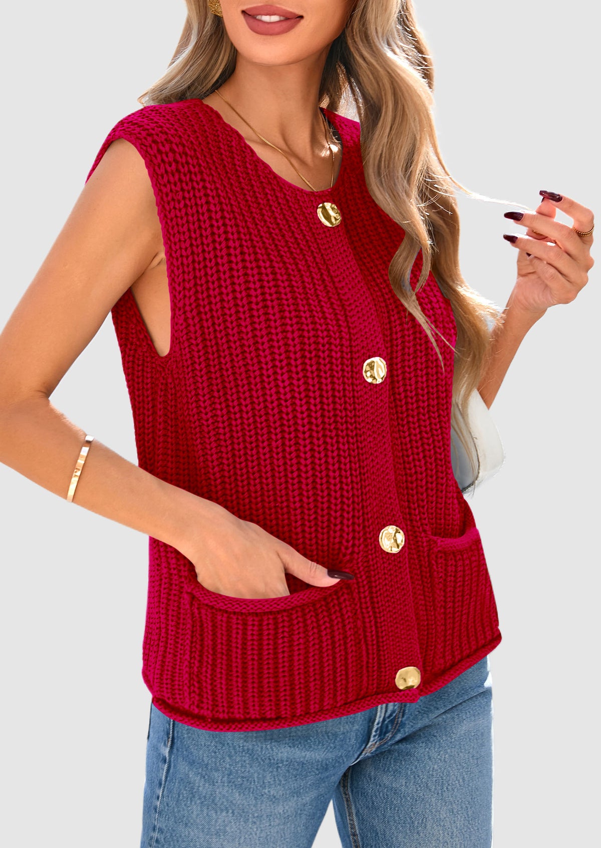 Sleeveless Button Down Cropped Chunky Knit Cardigan Trendy Tank Tops with Pockets