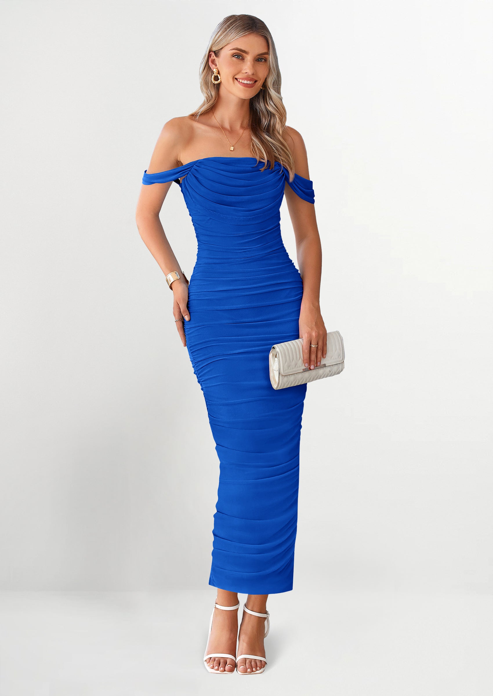 PRETTYGARDEN Womens Off The Shoulder Dress Ruched Bodycon Sleeveless Split Cocktail Party Maxi Dresses