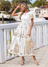 PRETTYGARDEN Boho Dresses for Women Summer Spring Casual Floral Short Sleeve V Neck Maxi Elastic Waist Dress Pockets
