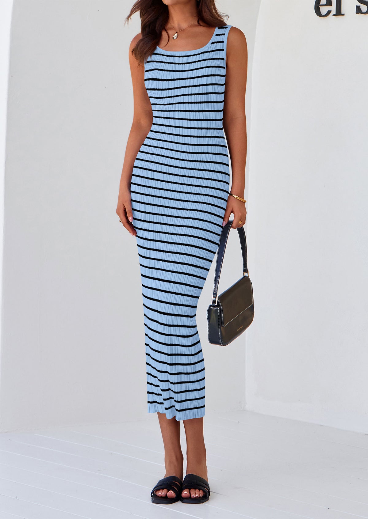 Womens Summer Tank Dress Casual Sleeveless Striped Ribbed Knit Long Dresses Beach Vacation Sundress