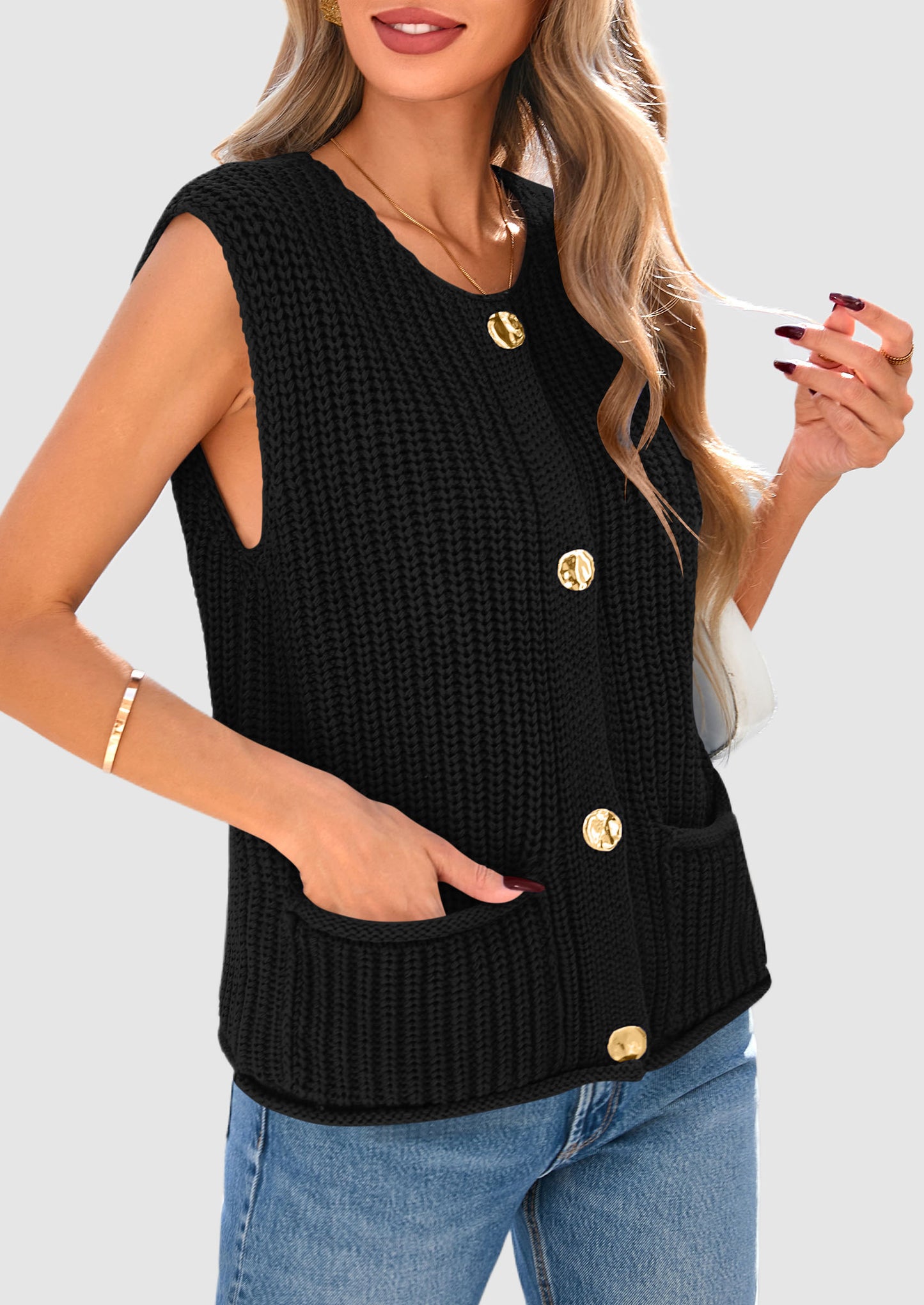 Women's Sweaters Vest 2025 Sleeveless Button Down Cropped Chunky Knit Cardigan Trendy Tank Tops with Pockets