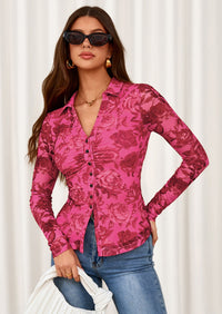 PRETTYGARDEN Women Button Down Floral Shirts Fall Trendy Long Sleeve V Neck Ruched Fitted Mesh Blouse Tops Date Outfits