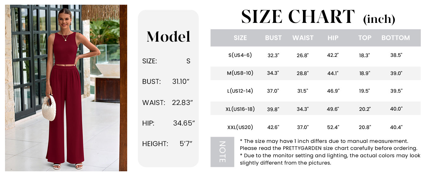 PRETTYGARDEN Two Piece Sets Ribbed Knit Crew Neck Sleeveless Tank Tops Wide Leg Pants Casual Lounge Set