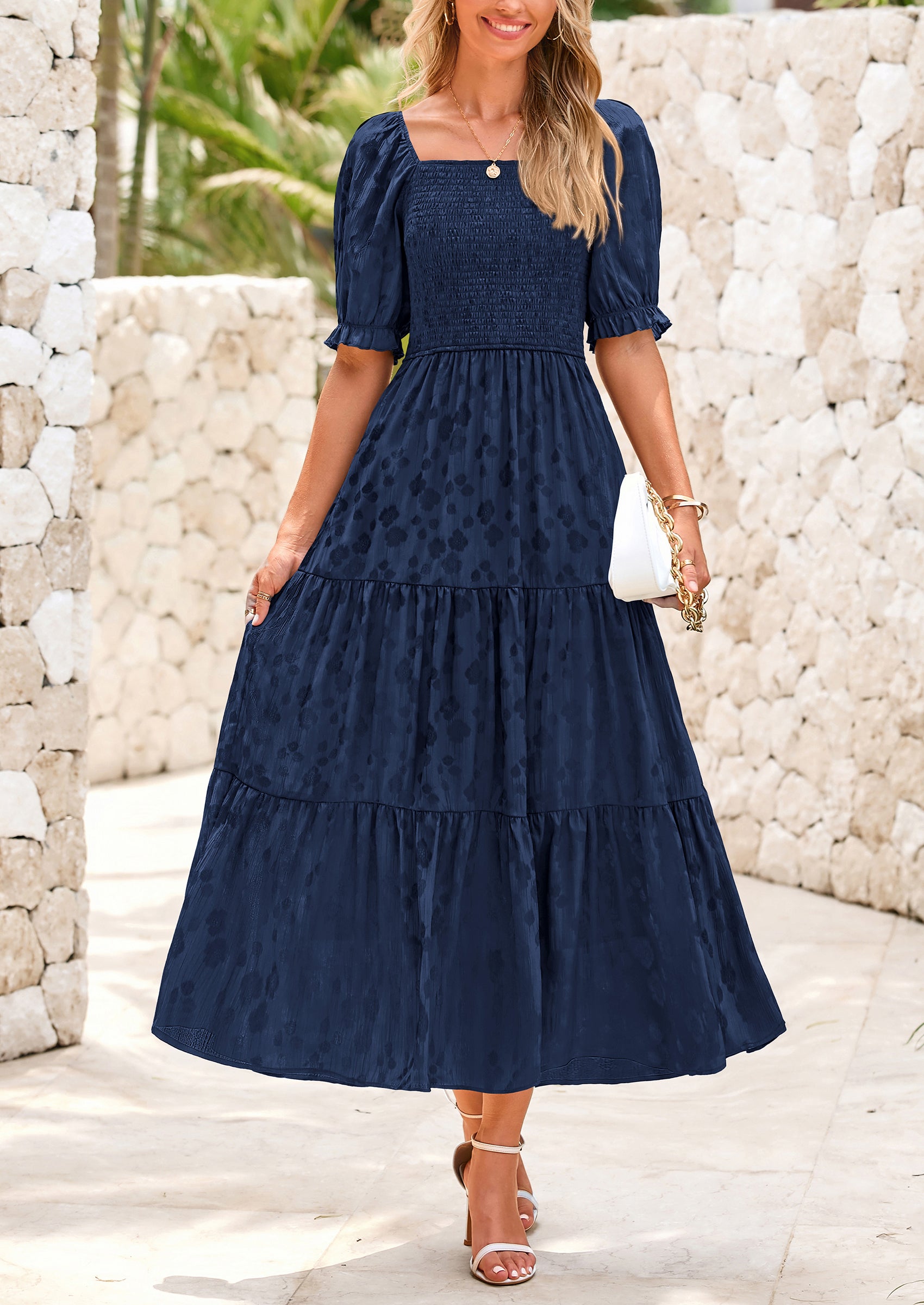 PRETTYGARDEN Women's Casual Midi Dresses Square Neck Short Sleeve Smocked A Line Floral Flowy Elegant Boho Dress