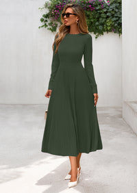 PRETTYGARDEN Women's Long Sleeve Midi Sweater Dress Fall Crewneck Knit A Line Pleated Wedding Guest Winter Dresses